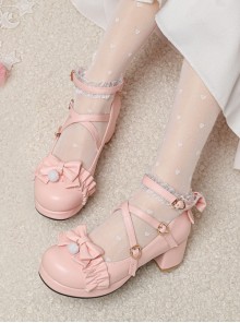 Roundhead Cross Tie Design Bow Lace Decoration Block Heel Solid Color Lolita Shoes