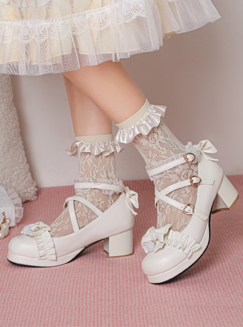 Roundhead Cross Tie Design Bow Lace Decoration Block Heel Solid Color Lolita Shoes