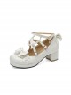 Elegant Lolita Round Toe Chunky Heel Bow Decorated Pearl String Buckle With Decorative Metal Solid Color Shoes