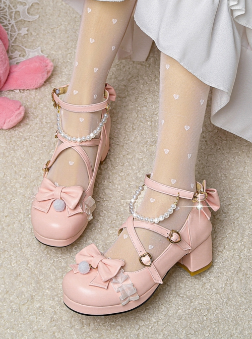 Elegant Lolita Round Toe Chunky Heel Bow Decorated Pearl String Buckle With Decorative Metal Solid Color Shoes