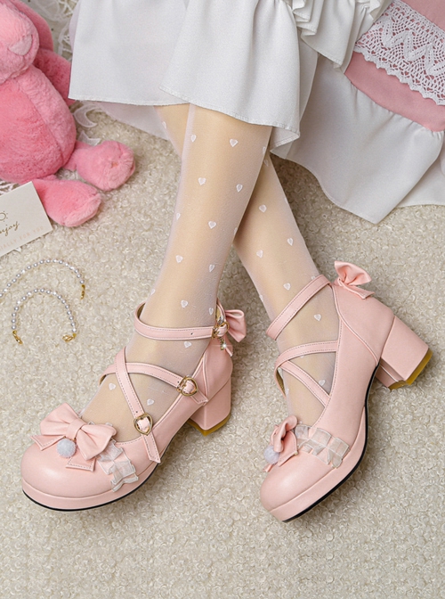 Elegant Lolita Round Toe Chunky Heel Bow Decorated Pearl String Buckle With Decorative Metal Solid Color Shoes