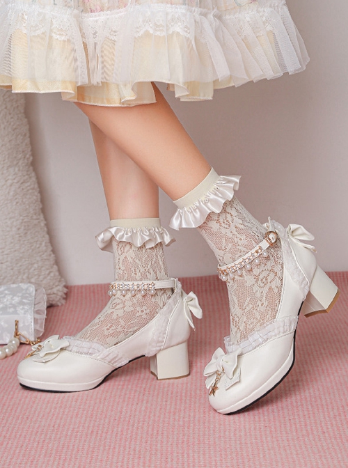 Sweet And Cute Lolita Round Bow Metal Pentagram Decoration Lace Pearl Rhinestone Pendant Buckle Strap High Heel Shoes