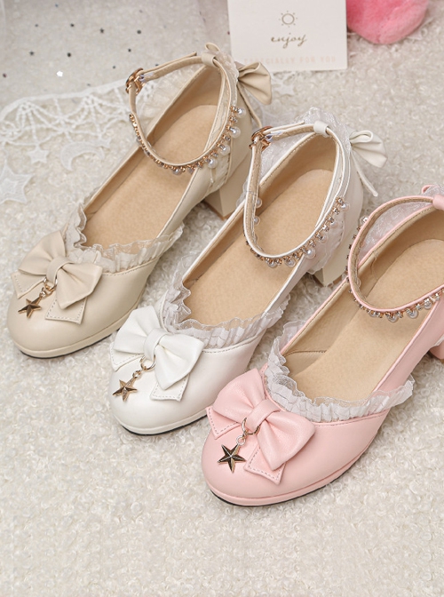 Sweet And Cute Lolita Round Bow Metal Pentagram Decoration Lace Pearl Rhinestone Pendant Buckle Strap High Heel Shoes