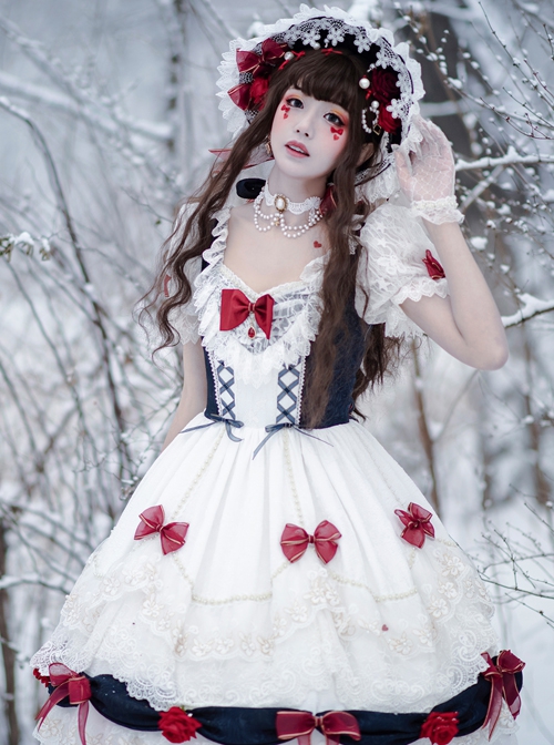 Snow White Series OP Bow Decoration Cross-Tie Rope Mesh Crinkle Lace Embellished Rose Flower Classic Lolita Dress Set