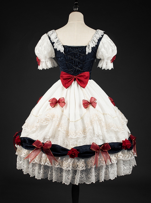 Snow White Series OP Bow Decoration Cross-Tie Rope Mesh Crinkle Lace Embellished Rose Flower Classic Lolita Dress Set