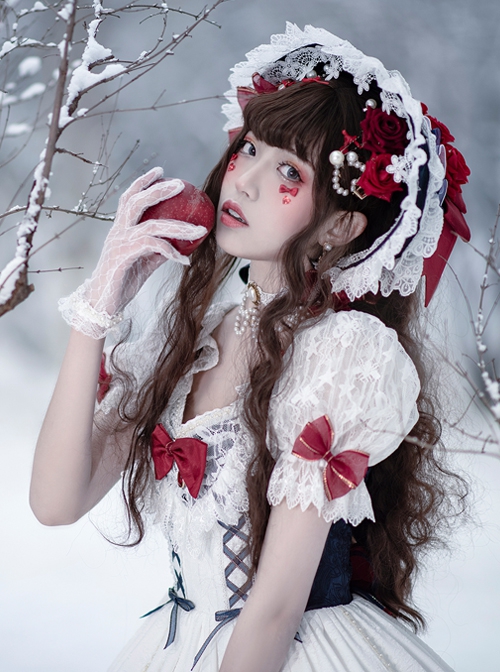 Snow White Series OP Bow Decoration Cross-Tie Rope Mesh Crinkle Lace Embellished Rose Flower Classic Lolita Dress Set