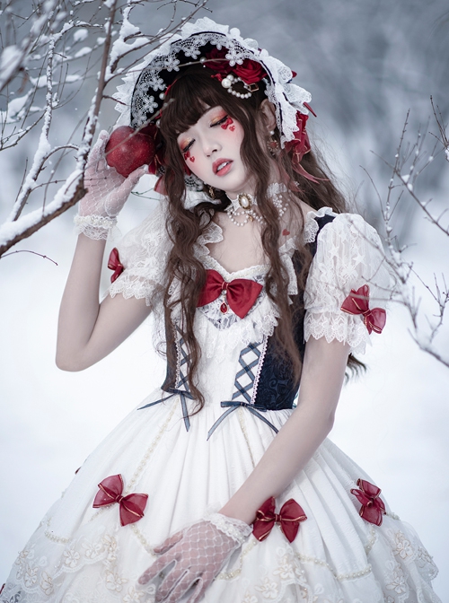 Snow White Series OP Bow Decoration Cross-Tie Rope Mesh Crinkle Lace Embellished Rose Flower Classic Lolita Dress Set