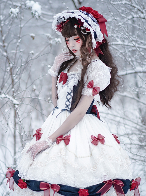 Snow White Series OP Bow Decoration Cross-Tie Rope Mesh Crinkle Lace Embellished Rose Flower Classic Lolita Dress Set
