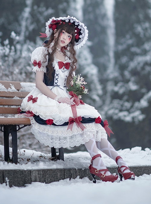 Snow White Series OP Bow Decoration Cross-Tie Rope Mesh Crinkle Lace Embellished Rose Flower Classic Lolita Dress Set