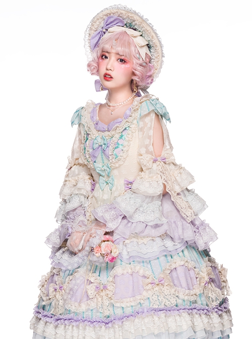 Rainbow Bubble Series OP Macaron Color Lace Ruffled Pearl Bow Flowers Embroidery Sweet Lolita Dress Set