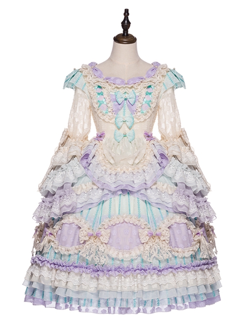 Rainbow Bubble Series OP Macaron Color Lace Ruffled Pearl Bow Flowers Embroidery Sweet Lolita Dress Set