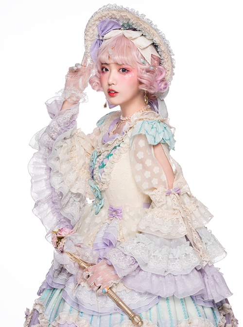 Rainbow Bubble Series OP Macaron Color Lace Ruffled Pearl Bow Flowers Embroidery Sweet Lolita Dress Set