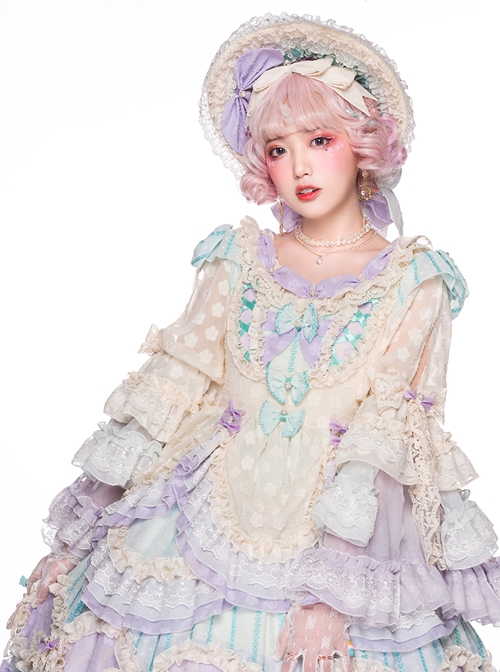 Rainbow Bubble Series OP Macaron Color Lace Ruffled Pearl Bow Flowers Embroidery Sweet Lolita Dress Set