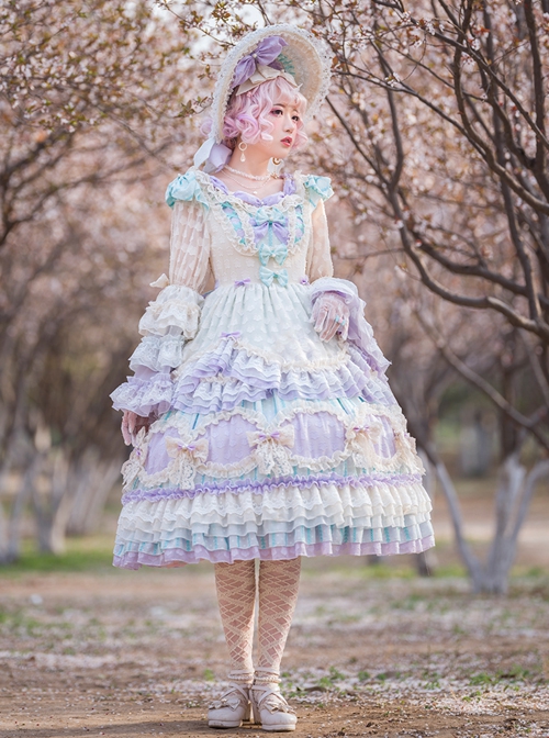 Rainbow Bubble Series OP Macaron Color Lace Ruffled Pearl Bow Flowers Embroidery Sweet Lolita Dress Set