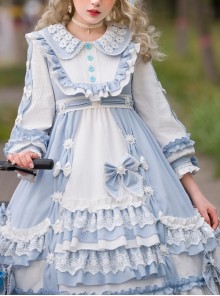 Summer Ramune Series OP Classic Lolita Pleated Lace Bow Flower Pattern Button Decoration Dress Set