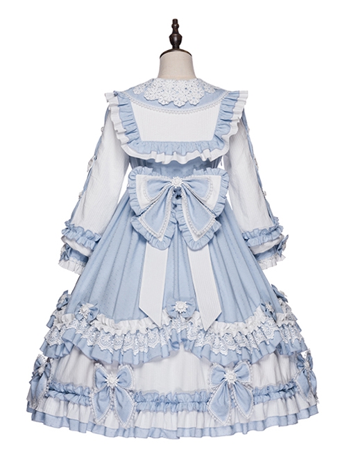 Summer Ramune Series OP Classic Lolita Pleated Lace Bow Flower Pattern Button Decoration Dress Set