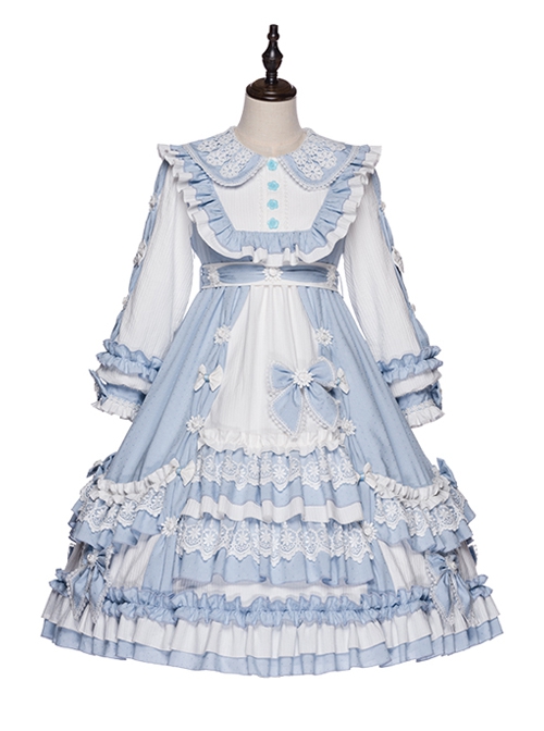 Summer Ramune Series OP Classic Lolita Pleated Lace Bow Flower Pattern Button Decoration Dress Set