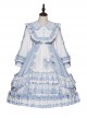 Summer Ramune Series OP Classic Lolita Pleated Lace Bow Flower Pattern Button Decoration Dress Set