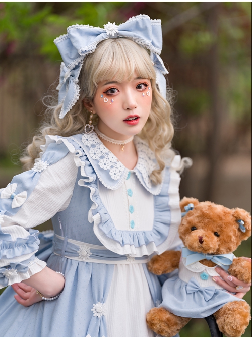 Summer Ramune Series OP Classic Lolita Pleated Lace Bow Flower Pattern Button Decoration Dress Set