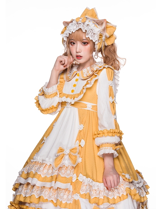 Summer Ramune Series OP Classic Lolita Pleated Lace Bow Flower Pattern Button Decoration Dress Set