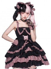 Perrault Kitty Series JSK Heart Metal Decoration Cross Rope Design Punk Lolita Lace Big Bow Dress Set A