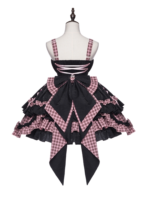 Perrault Kitty Series JSK Heart Metal Decoration Cross Rope Design Punk Lolita Lace Big Bow Dress Set A