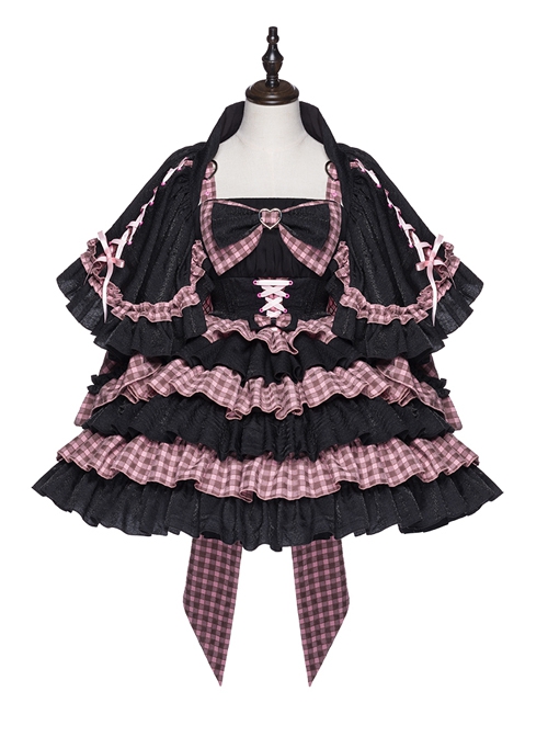 Perrault Kitty Series JSK Heart Metal Decoration Cross Rope Design Punk Lolita Lace Big Bow Dress Set A