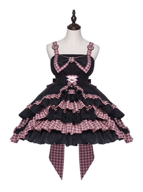 Perrault Kitty Series JSK Heart Metal Decoration Cross Rope Design Punk Lolita Lace Big Bow Dress Set A