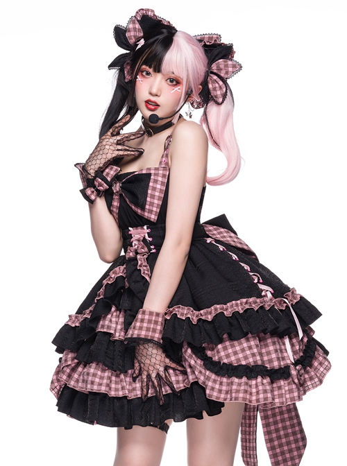 Perrault Kitty Series JSK Heart Metal Decoration Cross Rope Design Punk Lolita Lace Big Bow Dress Set A