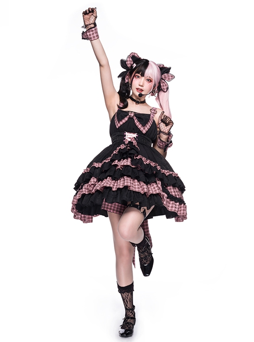 Perrault Kitty Series JSK Heart Metal Decoration Cross Rope Design Punk Lolita Lace Big Bow Dress Set A