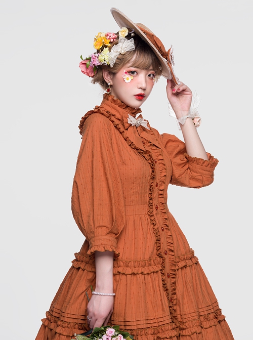 Ellywick Series OP Rural Solid Color Pleated Design Protruding Particles Embroidery Flower Buttons Classic Lolita Dress Set