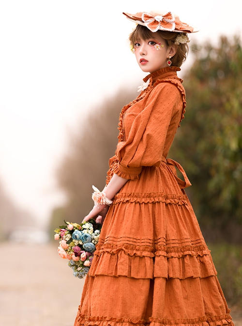 Ellywick Series OP Rural Solid Color Pleated Design Protruding Particles Embroidery Flower Buttons Classic Lolita Dress Set