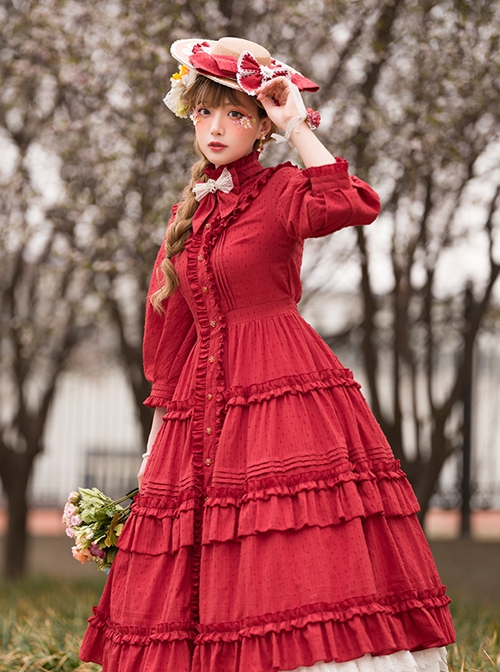 Ellywick Series OP Rural Solid Color Pleated Design Protruding Particles Embroidery Flower Buttons Classic Lolita Dress Set