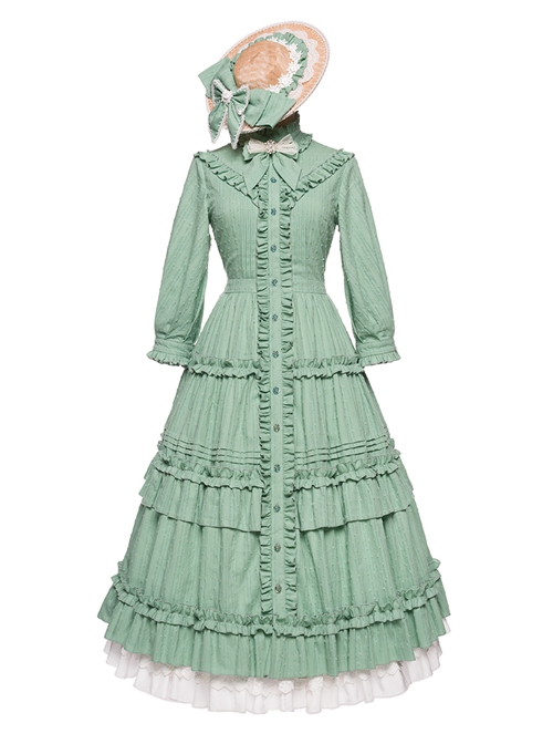 Ellywick Series OP Rural Solid Color Pleated Design Protruding Particles Embroidery Flower Buttons Classic Lolita Dress Set