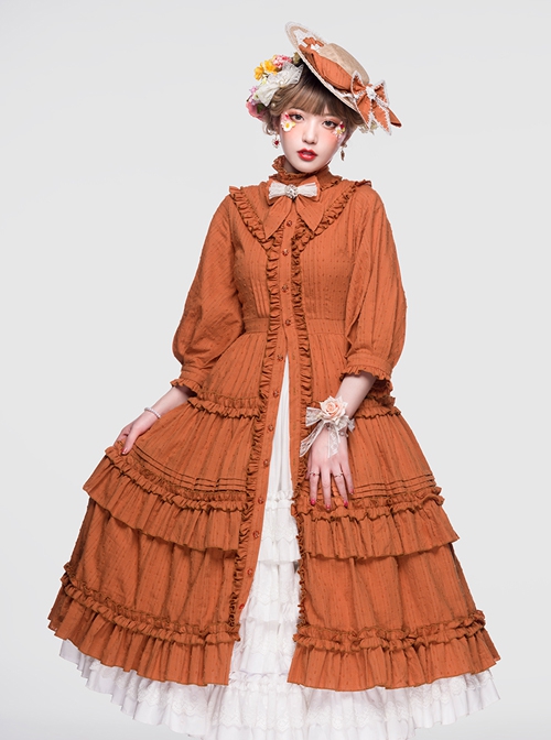 Ellywick Series OP Rural Solid Color Pleated Design Protruding Particles Embroidery Flower Buttons Classic Lolita Dress Set