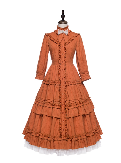 Ellywick Series OP Rural Solid Color Pleated Design Protruding Particles Embroidery Flower Buttons Classic Lolita Dress Set