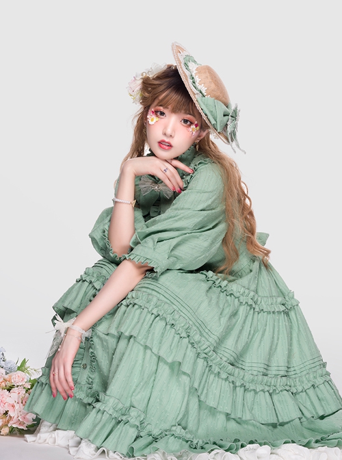 Ellywick Series OP Rural Solid Color Pleated Design Protruding Particles Embroidery Flower Buttons Classic Lolita Dress Set