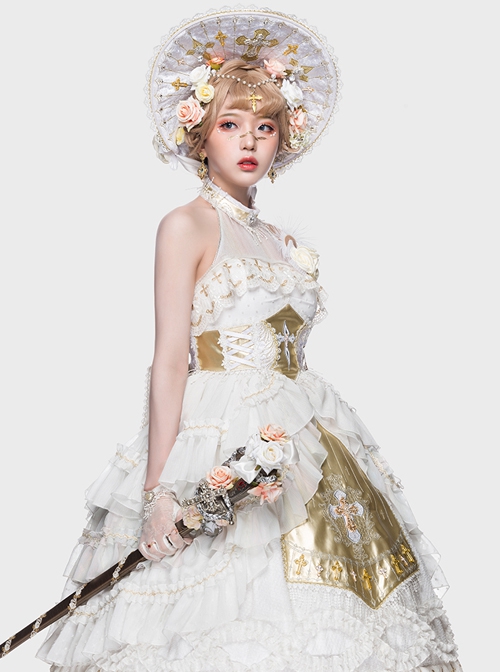 Oath Of Watcher Series JSK Cross Printing Design Gold Classic Lolita Flower Embroidery Sleeveless Halter Neck Dress Set