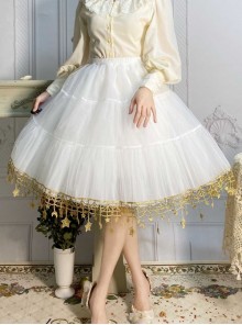 Moon Star River Series White Lace Yarn Skirt Golden Crescent Star Embroidered Classic Lolita Long Petticoat