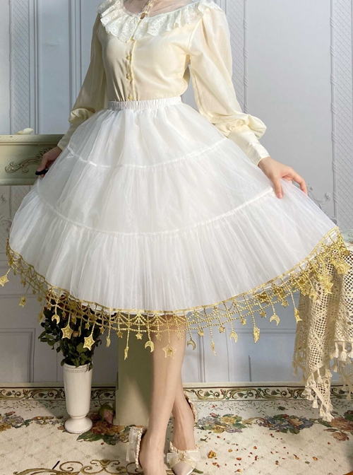 Moon Star River Series White Lace Yarn Skirt Golden Crescent Star Embroidered Classic Lolita Long Petticoat