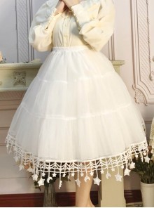 Moon Star River Series White Crescent Star Embroidered Lace Yarn Skirt  Classic Lolita Long Boneless Petticoat