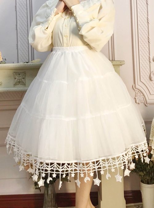 Moon Star River Series White Crescent Star Embroidered Lace Yarn Skirt  Classic Lolita Long Boneless Petticoat