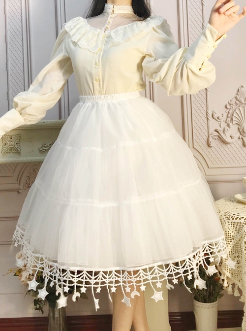 Moon Star River Series White Crescent Star Embroidered Lace Yarn Skirt  Classic Lolita Long Boneless Petticoat