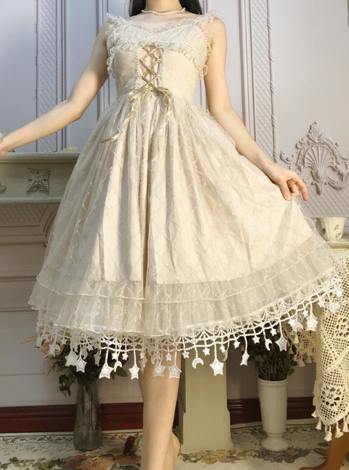 Moon Star River Series White Crescent Star Embroidered Lace Yarn Skirt  Classic Lolita Long Boneless Petticoat