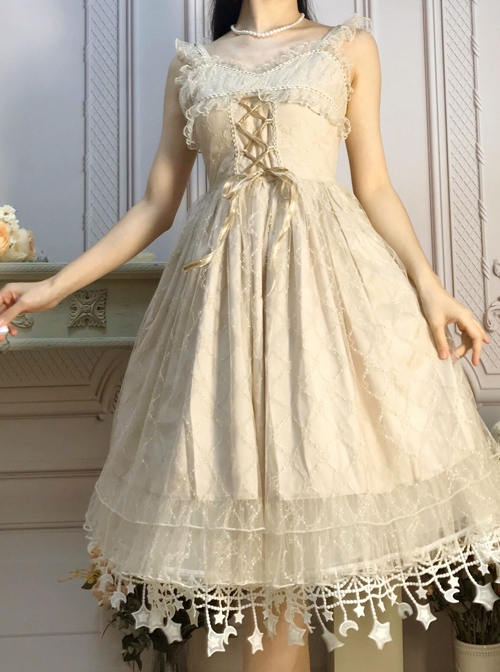 Moon Star River Series White Crescent Star Embroidered Lace Yarn Skirt  Classic Lolita Long Boneless Petticoat