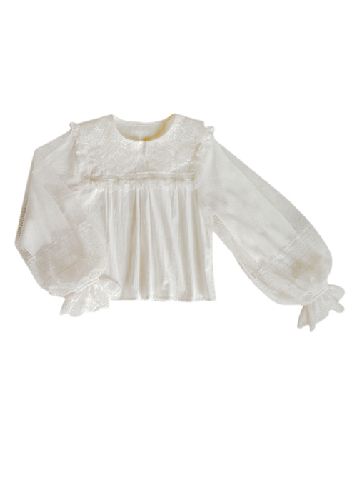 Meet Series Full Lace Hollow Out Embroidery Design Classic Lolita White Long Sleeve Shirt