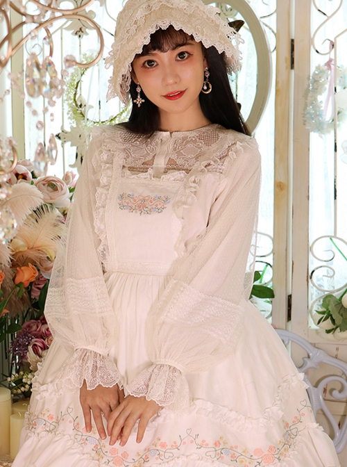 Meet Series Full Lace Hollow Out Embroidery Design Classic Lolita White Long Sleeve Shirt