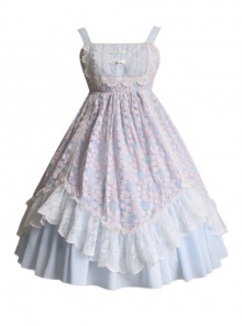 Four Seasons Spring Series JSK Blue Pink Chinese Style Chiffon Elegant flower lace Bow Tie Classic Lolita Sleeveless Dress