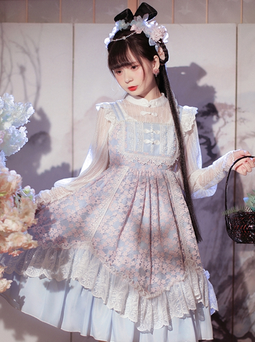 Four Seasons Spring Series JSK Blue Pink Chinese Style Chiffon Elegant flower lace Bow Tie Classic Lolita Sleeveless Dress