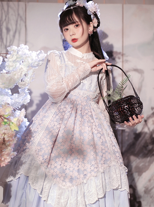 Four Seasons Spring Series JSK Blue Pink Chinese Style Chiffon Elegant flower lace Bow Tie Classic Lolita Sleeveless Dress